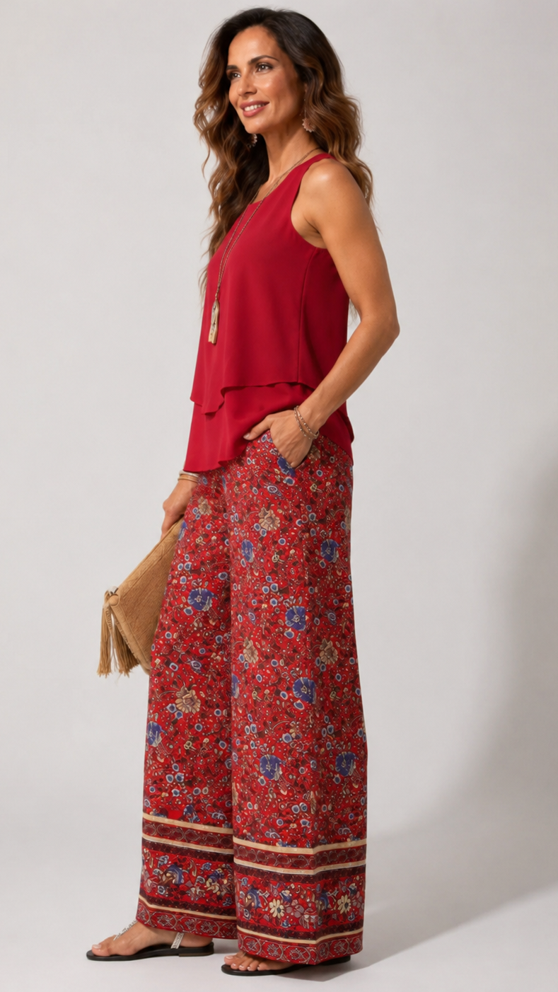 Cayetana™ | Boho komplet s vrstveným topem a květinovými kalhotami