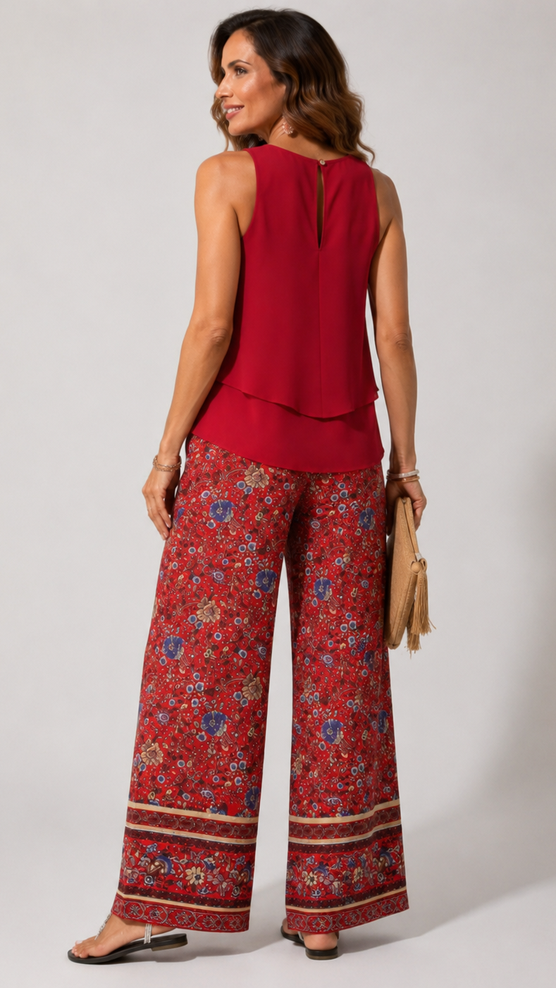 Cayetana™ | Boho komplet s vrstveným topem a květinovými kalhotami