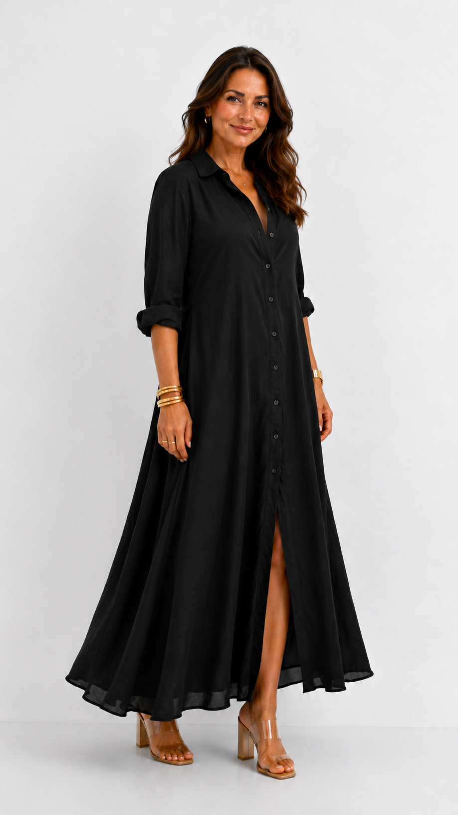 Céline | Volné černé maxi šaty s knoflíky